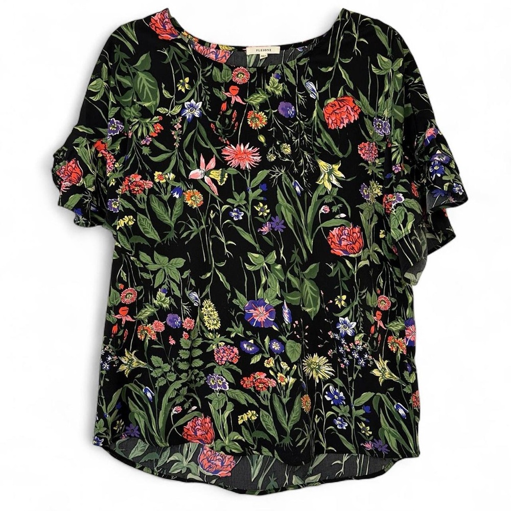 Pleione Black Blouse with Colorful Floral Design